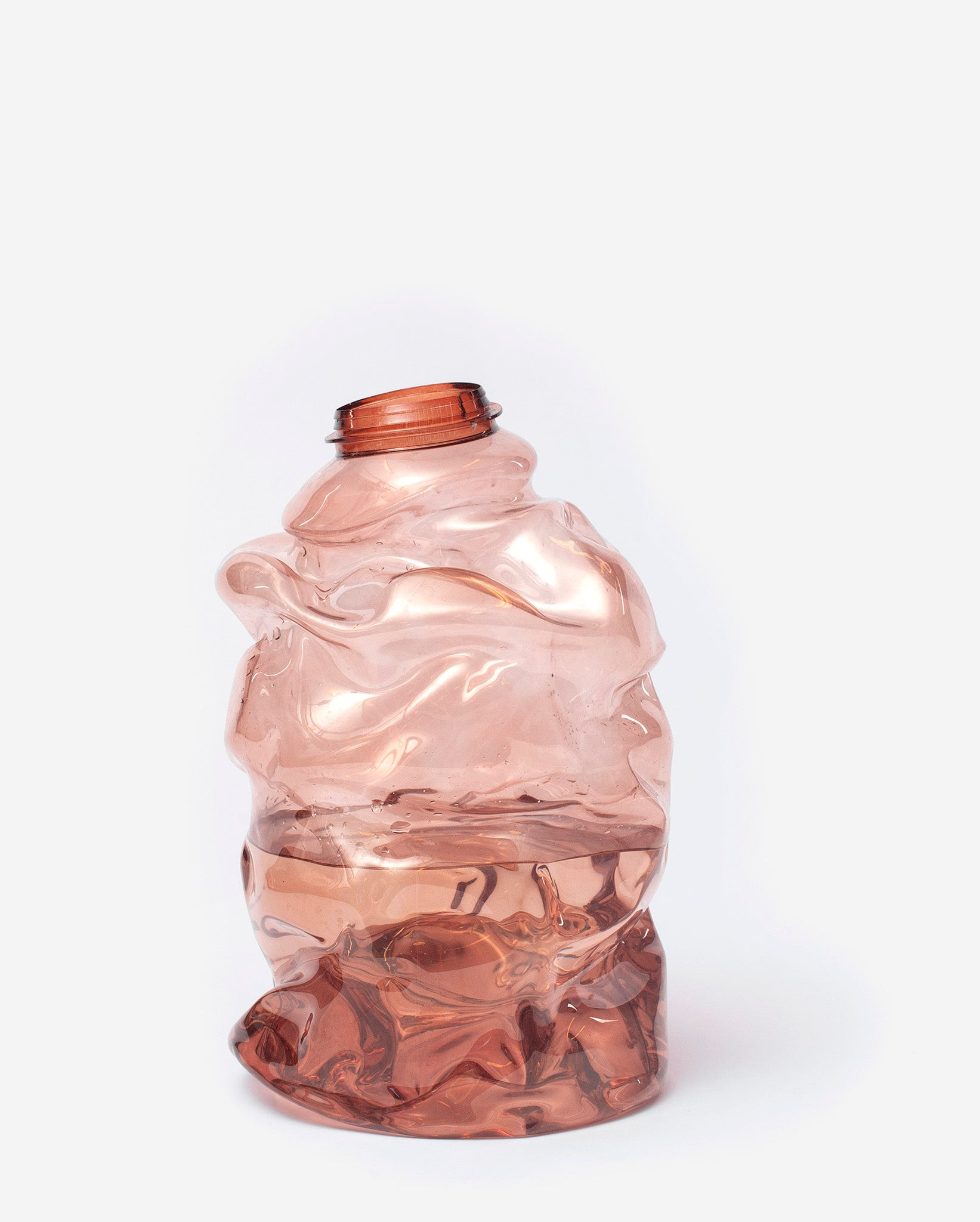 Large brown handmade recycled plastic vase on a white background